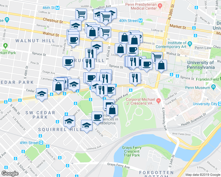 map of restaurants, bars, coffee shops, grocery stores, and more near 505 South 42nd Street in Philadelphia