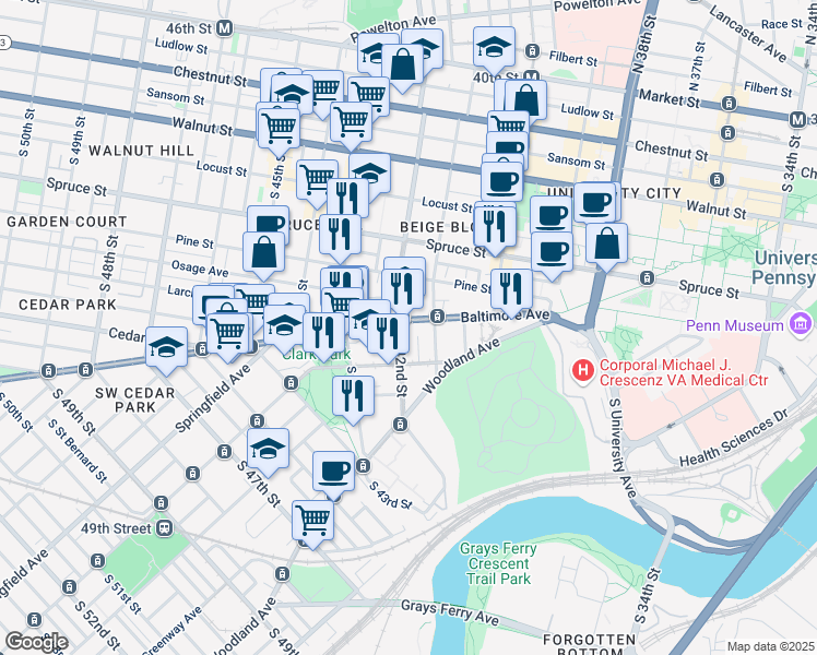map of restaurants, bars, coffee shops, grocery stores, and more near 505 South 42nd Street in Philadelphia