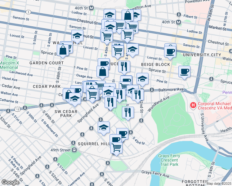 map of restaurants, bars, coffee shops, grocery stores, and more near 4300-4398 Baltimore Avenue in Philadelphia