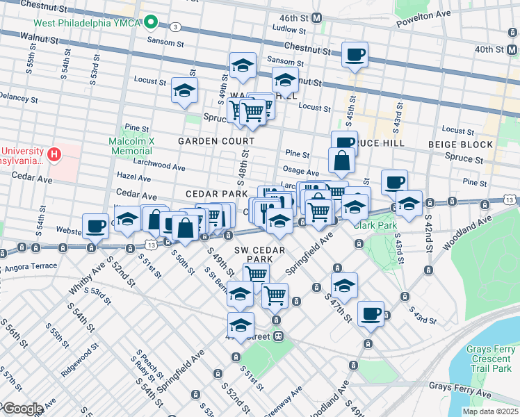 map of restaurants, bars, coffee shops, grocery stores, and more near 4711 Cedar Avenue in Philadelphia