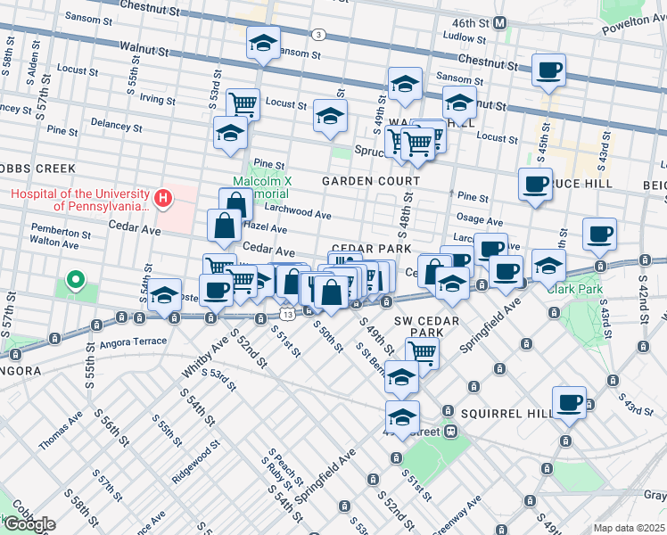 map of restaurants, bars, coffee shops, grocery stores, and more near 4920 Cedar Avenue in Philadelphia