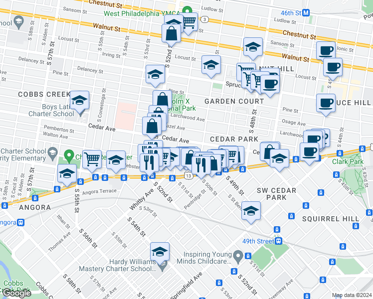 map of restaurants, bars, coffee shops, grocery stores, and more near 5051 Walton Avenue in Philadelphia