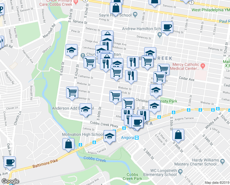 map of restaurants, bars, coffee shops, grocery stores, and more near 5905 Christian Street in Philadelphia