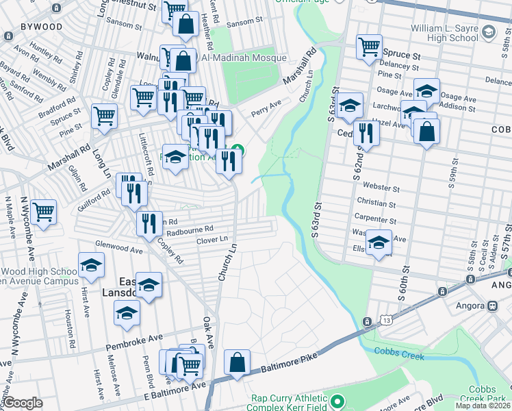 map of restaurants, bars, coffee shops, grocery stores, and more near 626 Briarcliff Road in Delaware County