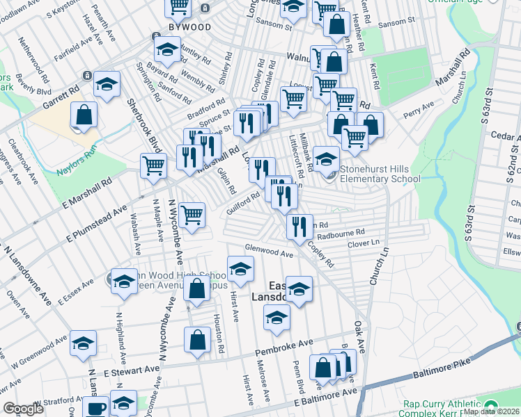 map of restaurants, bars, coffee shops, grocery stores, and more near 430 Croyden Road in Delaware County