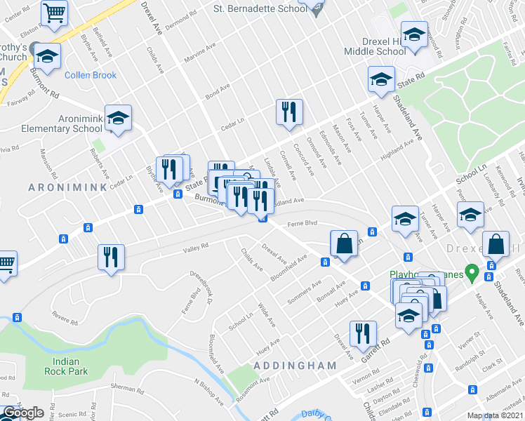 map of restaurants, bars, coffee shops, grocery stores, and more near 607 Morgan Avenue in Drexel Hill
