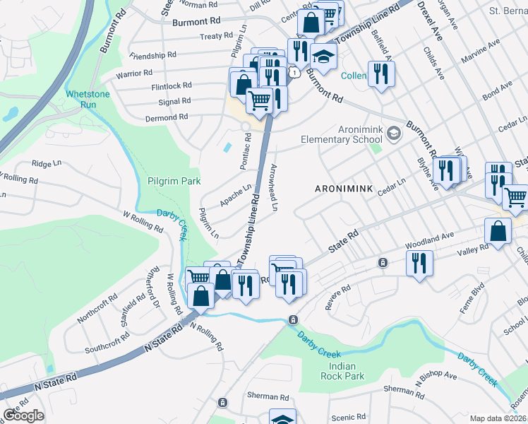 map of restaurants, bars, coffee shops, grocery stores, and more near in Drexel Hill