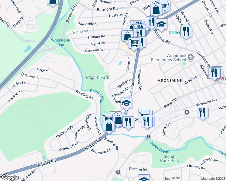 map of restaurants, bars, coffee shops, grocery stores, and more near 5252 Apache Lane in Drexel Hill