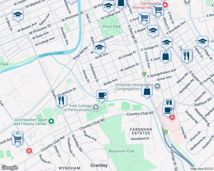 map of restaurants, bars, coffee shops, grocery stores, and more near 259 West Springettsbury Avenue in York
