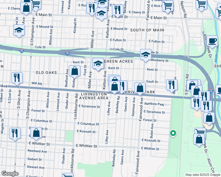 map of restaurants, bars, coffee shops, grocery stores, and more near 1444 East Livingston Avenue in Columbus