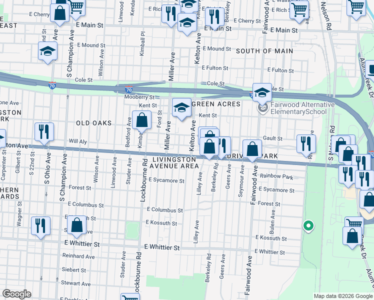 map of restaurants, bars, coffee shops, grocery stores, and more near 1444 East Livingston Avenue in Columbus
