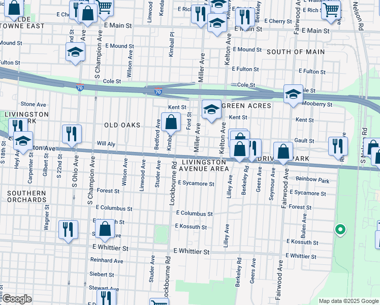 map of restaurants, bars, coffee shops, grocery stores, and more near in Columbus