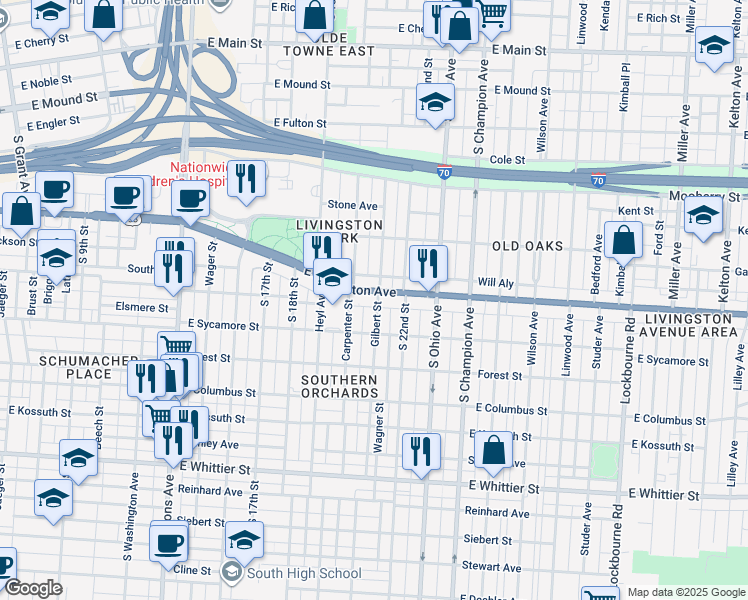 map of restaurants, bars, coffee shops, grocery stores, and more near 761 Denton Alley in Columbus