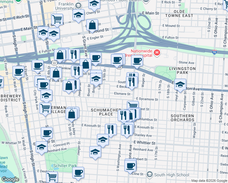 map of restaurants, bars, coffee shops, grocery stores, and more near 675 Beech Street in Columbus