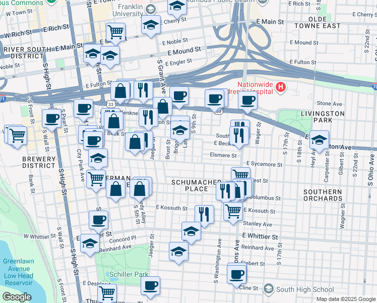 map of restaurants, bars, coffee shops, grocery stores, and more near 670 Lathrop Street in Columbus