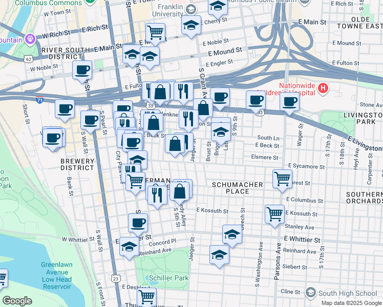 map of restaurants, bars, coffee shops, grocery stores, and more near 283 Lear Street in Columbus