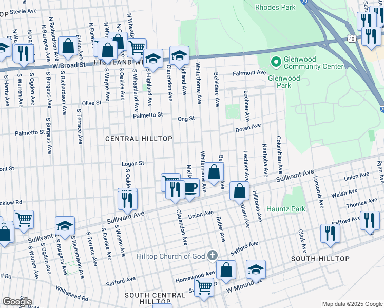 map of restaurants, bars, coffee shops, grocery stores, and more near 299 Whitethorne Avenue in Columbus