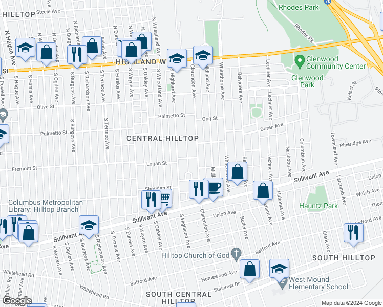 map of restaurants, bars, coffee shops, grocery stores, and more near 283 Clarendon Avenue in Columbus