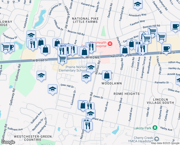 map of restaurants, bars, coffee shops, grocery stores, and more near 105 Norton Road in Columbus