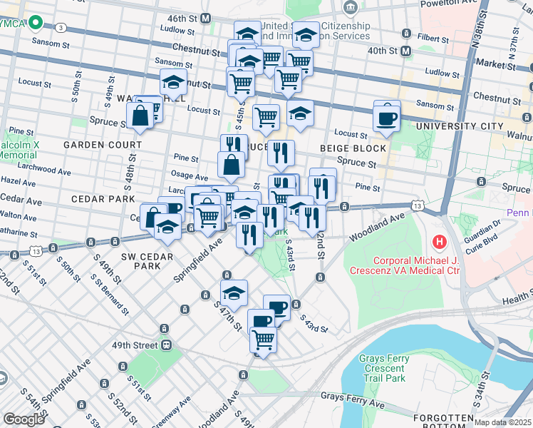 map of restaurants, bars, coffee shops, grocery stores, and more near 4300-4398 Baltimore Avenue in Philadelphia