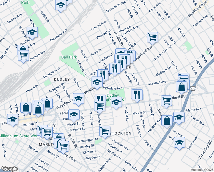 map of restaurants, bars, coffee shops, grocery stores, and more near 3159 Merriel Avenue in Camden