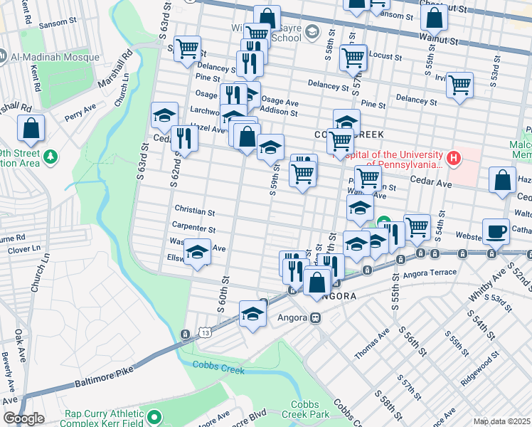 map of restaurants, bars, coffee shops, grocery stores, and more near 740 South 59th Street in Philadelphia