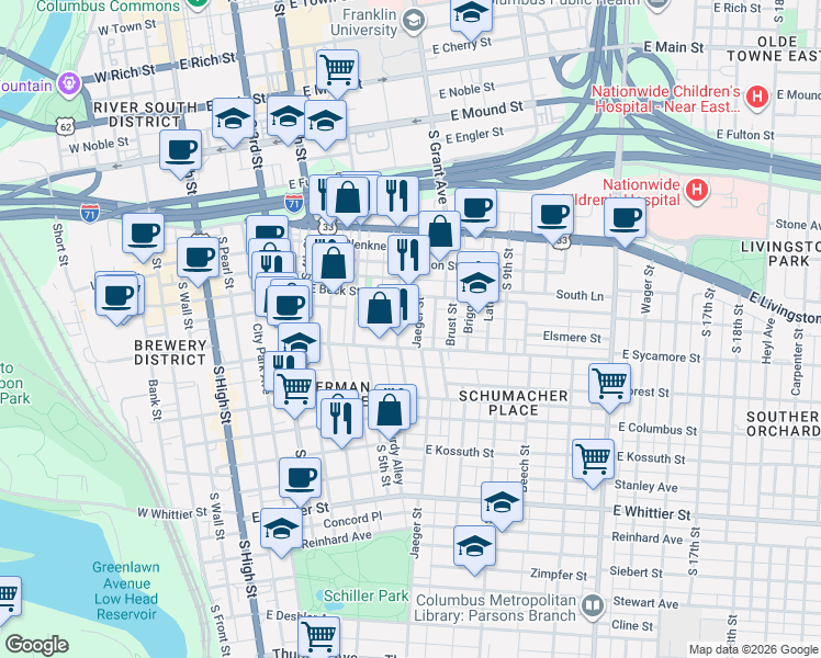map of restaurants, bars, coffee shops, grocery stores, and more near 281 Lear Street in Columbus