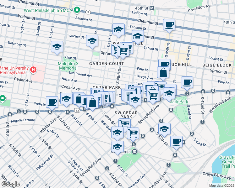 map of restaurants, bars, coffee shops, grocery stores, and more near 4739 Cedar Ave in Philadelphia
