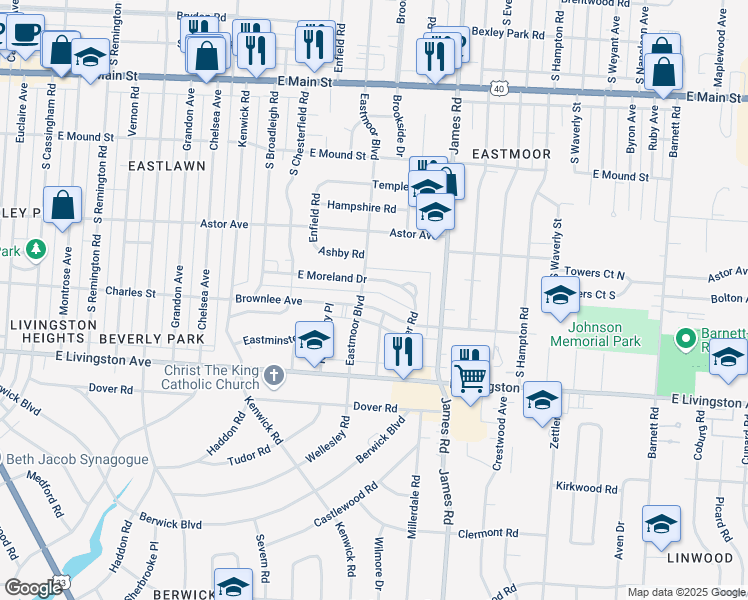 map of restaurants, bars, coffee shops, grocery stores, and more near 2942 Brownlee Ave in Columbus