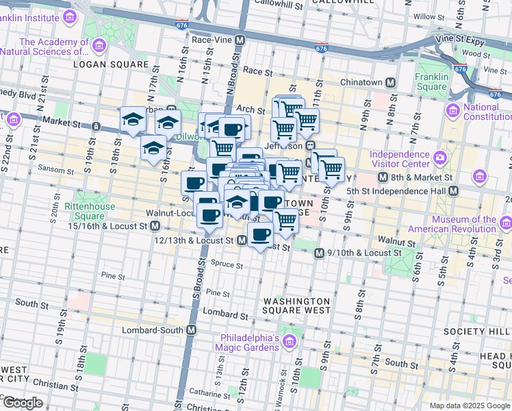 map of restaurants, bars, coffee shops, grocery stores, and more near 1213 Walnut Street in Philadelphia
