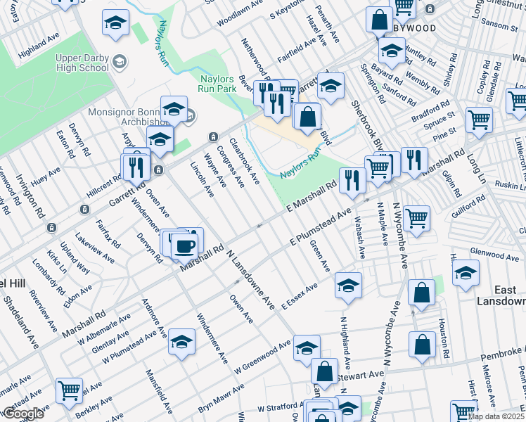 map of restaurants, bars, coffee shops, grocery stores, and more near 305 Congress Avenue in Lansdowne