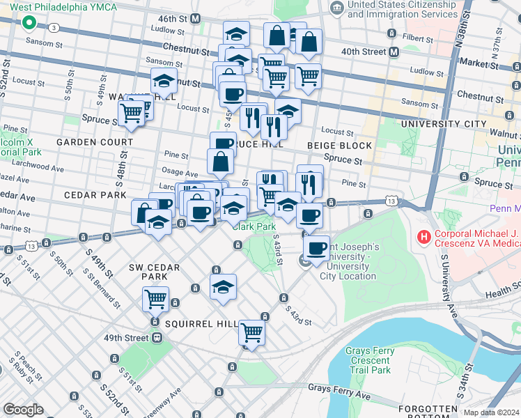 map of restaurants, bars, coffee shops, grocery stores, and more near 4317 Baltimore Avenue in Philadelphia