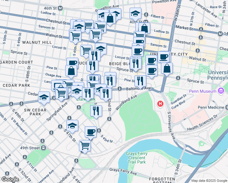 map of restaurants, bars, coffee shops, grocery stores, and more near 4116 Baltimore Avenue in Philadelphia