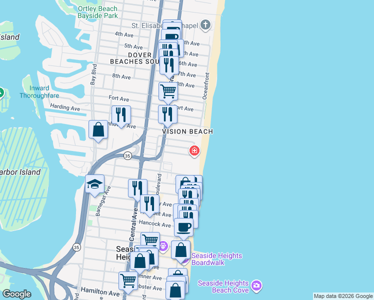 map of restaurants, bars, coffee shops, grocery stores, and more near 4 Colony Road in Seaside Heights
