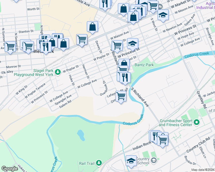 map of restaurants, bars, coffee shops, grocery stores, and more near 321 Overbrook Drive in York