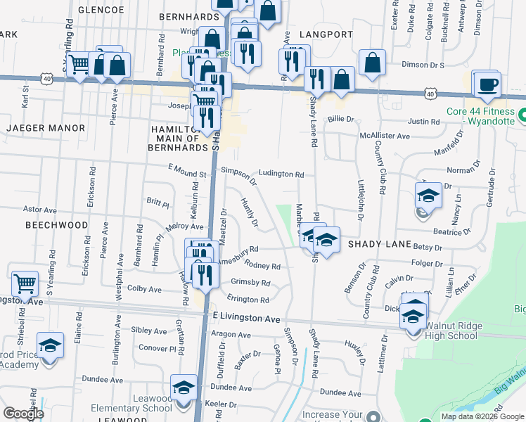 map of restaurants, bars, coffee shops, grocery stores, and more near 1251 Simpson Drive in Columbus