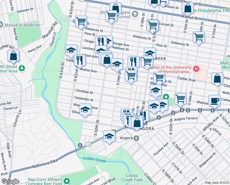 map of restaurants, bars, coffee shops, grocery stores, and more near 5905 Christian Street in Philadelphia