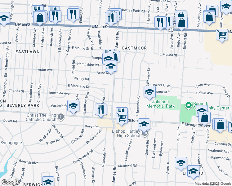 map of restaurants, bars, coffee shops, grocery stores, and more near 1053 South James Road in Columbus