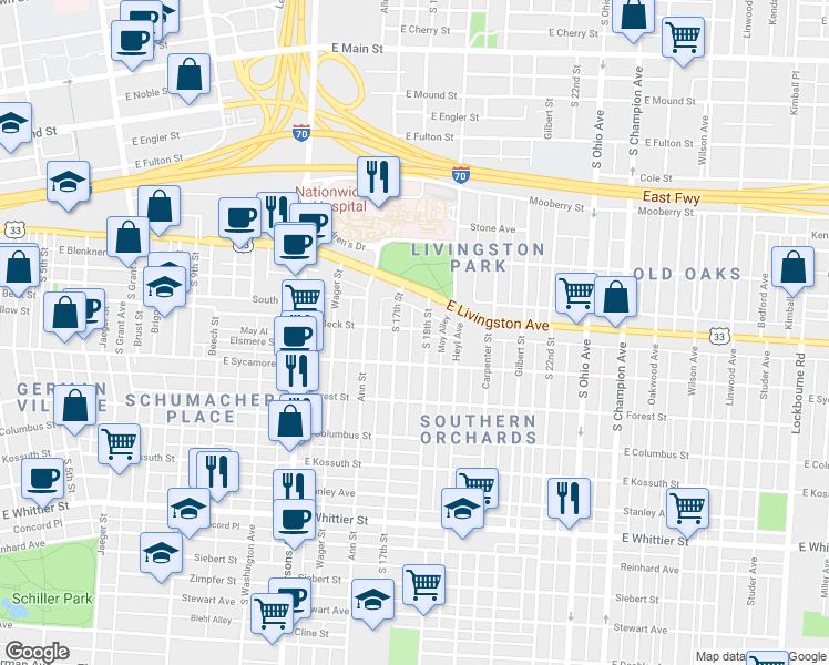 map of restaurants, bars, coffee shops, grocery stores, and more near 735 East Beck Street in Columbus
