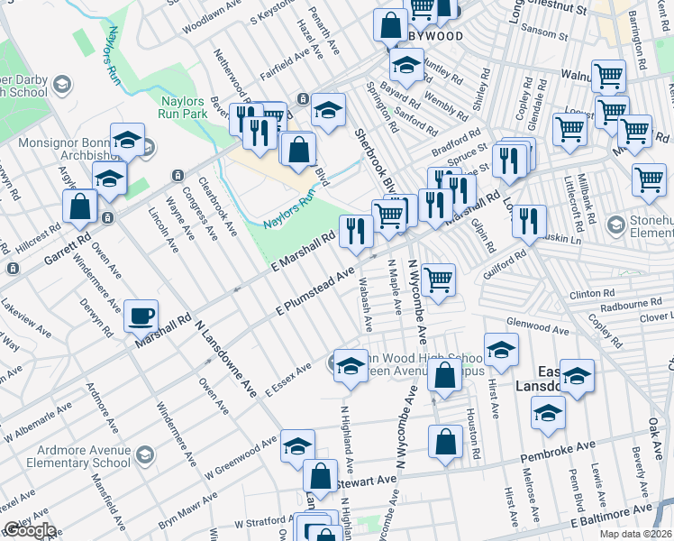 map of restaurants, bars, coffee shops, grocery stores, and more near 125 East Plumstead Avenue in Lansdowne