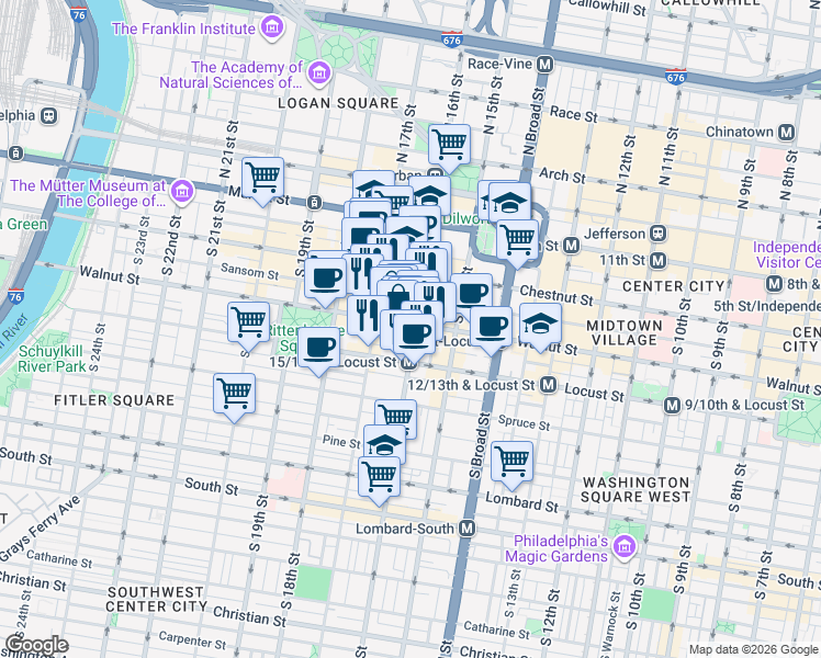 map of restaurants, bars, coffee shops, grocery stores, and more near 1600 Walnut Street in Philadelphia