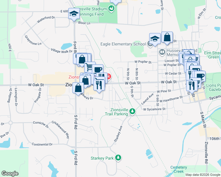 map of restaurants, bars, coffee shops, grocery stores, and more near 110 Manchester Drive in Zionsville