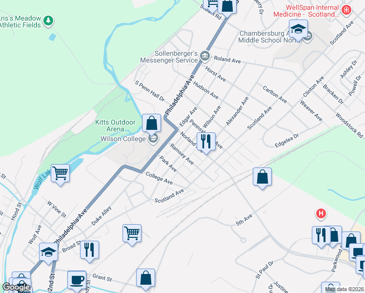 map of restaurants, bars, coffee shops, grocery stores, and more near 145 Ramsey Avenue in Chambersburg