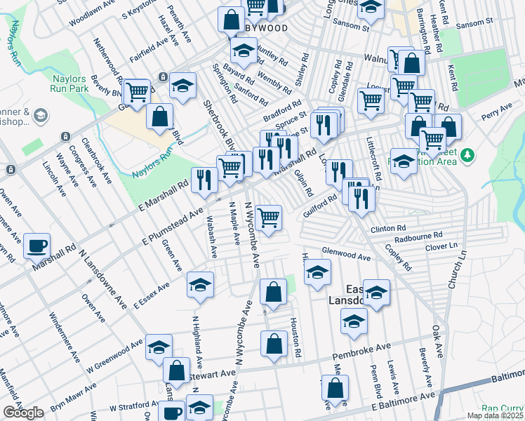 map of restaurants, bars, coffee shops, grocery stores, and more near 222 Guilford Road in Lansdowne