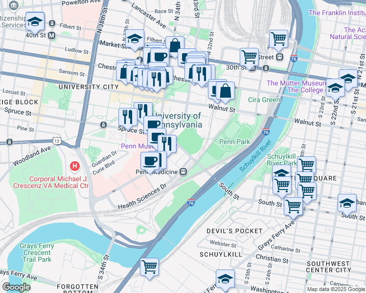 map of restaurants, bars, coffee shops, grocery stores, and more near 56 South Street in Philadelphia