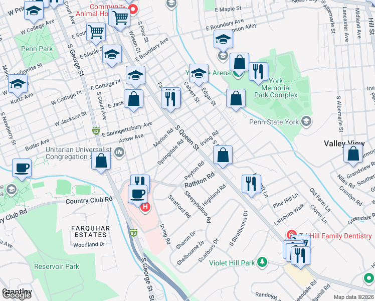 map of restaurants, bars, coffee shops, grocery stores, and more near 181 Irving Road in York