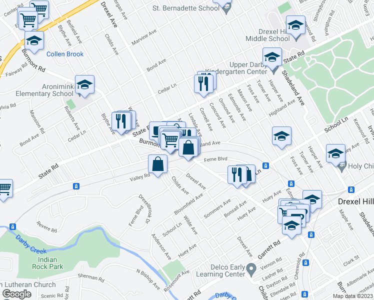 map of restaurants, bars, coffee shops, grocery stores, and more near 4210 Woodland Avenue in Upper Darby