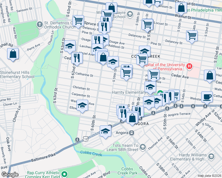 map of restaurants, bars, coffee shops, grocery stores, and more near 740 South 59th Street in Philadelphia