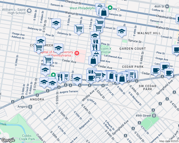 map of restaurants, bars, coffee shops, grocery stores, and more near 5216 Walton Avenue in Philadelphia