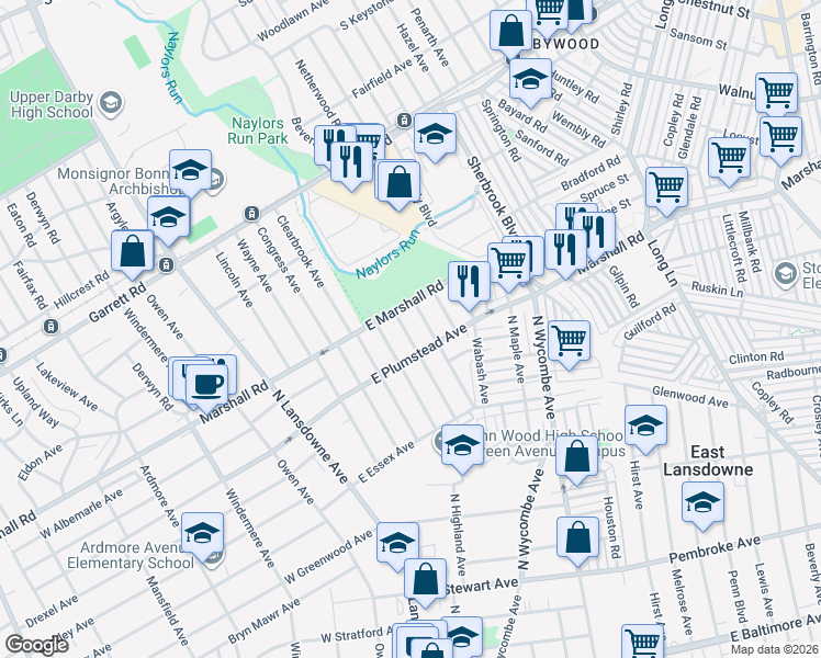 map of restaurants, bars, coffee shops, grocery stores, and more near 293 Jackson Avenue in Lansdowne